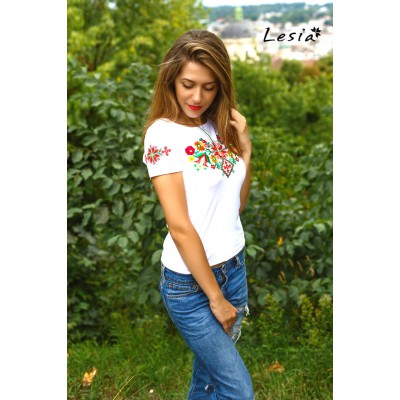 Embroidered t-shirt "Forest Song - Colourful on White" maxi embroidery